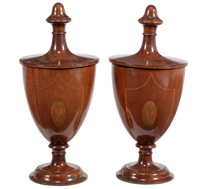 Inline Image - Lot 359: A pair of mahogany and chequer inlaid knife urns and covers in George III style, 20th century | Est. £200-300 (+fees)