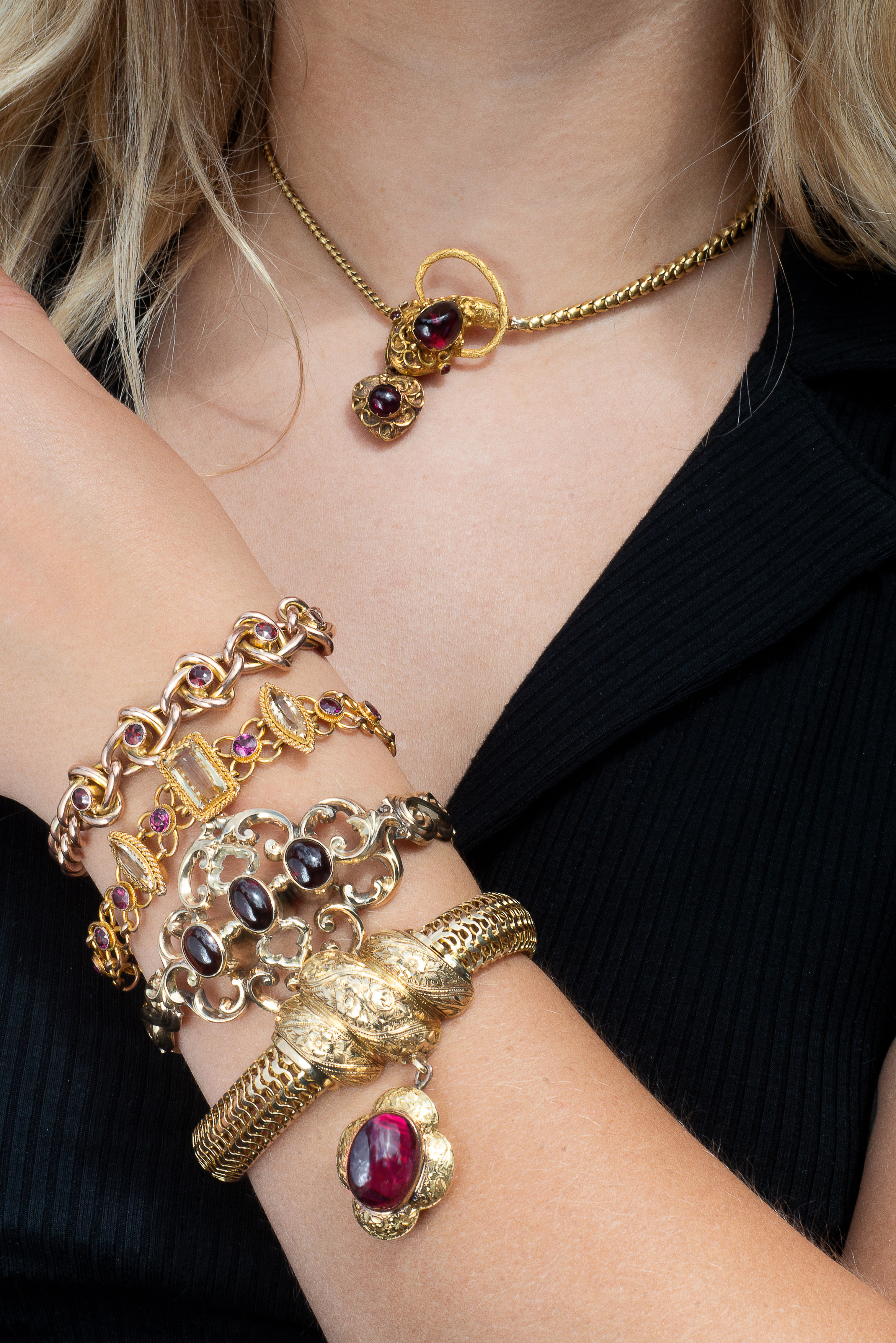 Inline Image - Lot 212: An early Victorian gold and garnet serpent necklace, circa 1840 | Est. £800-1,200 (+fees); Lot 221: A late Victorian garnet bracelet, circa 1900 | Est. £80-120 (+fees); Lot 220: A late Victorian rhodolite garnet and topaz bracelet, circa 1900 | Est. £150-250 (+fees); Lot 222: A mid Victorian gold and garnet bracelet, circa 1860 |  Est. £150-250 (+fees); Lot 211: A late Victorian gold and garnet bracelet, circa 1880 | Est. £500-700 (+fees)