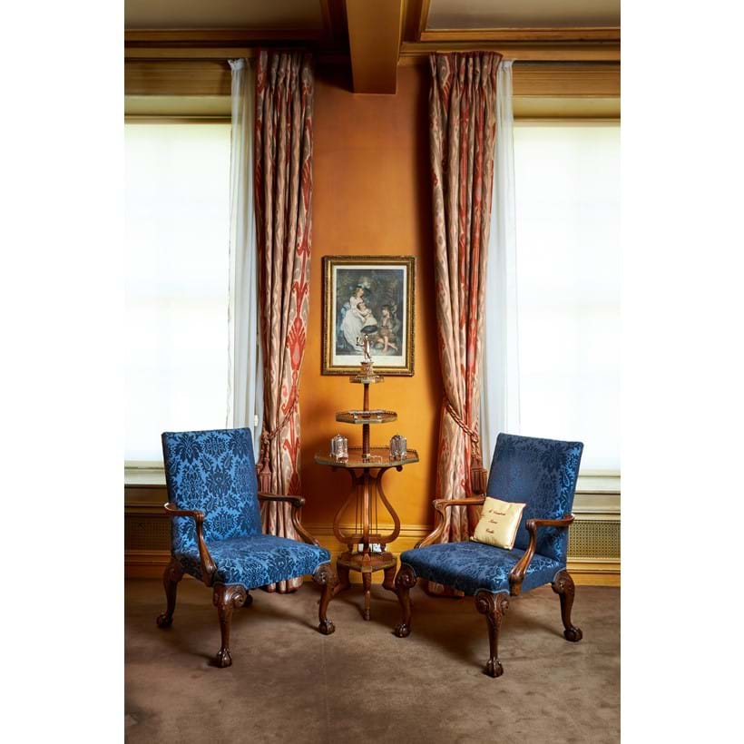 Inline Image - Lot 379: A pair of walnut and upholstered open armchairs, Est. £300-500 (+fees) | Lot 461: A Continental mahogany and lacquered brass mounted whatnot, Est. £400-600 (+fees)