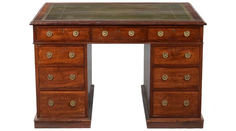 Inline Image - Lot 687: A mahogany partners' desk in George III style, 20th century | Est. £300-500 (+fees)