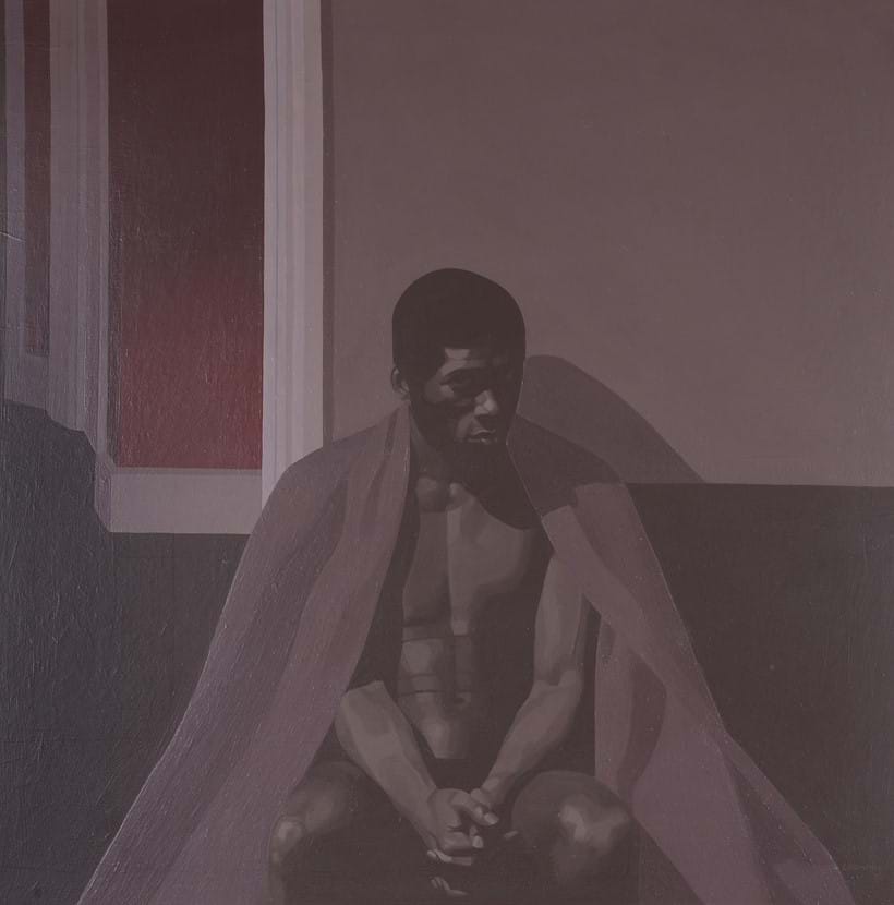 Inline Image - Michael Leonard (British b.1933), 'Leroy in a Blanket II, 1970', Acrylic on board | Sold for 6,875 (incl. buyer's premium)