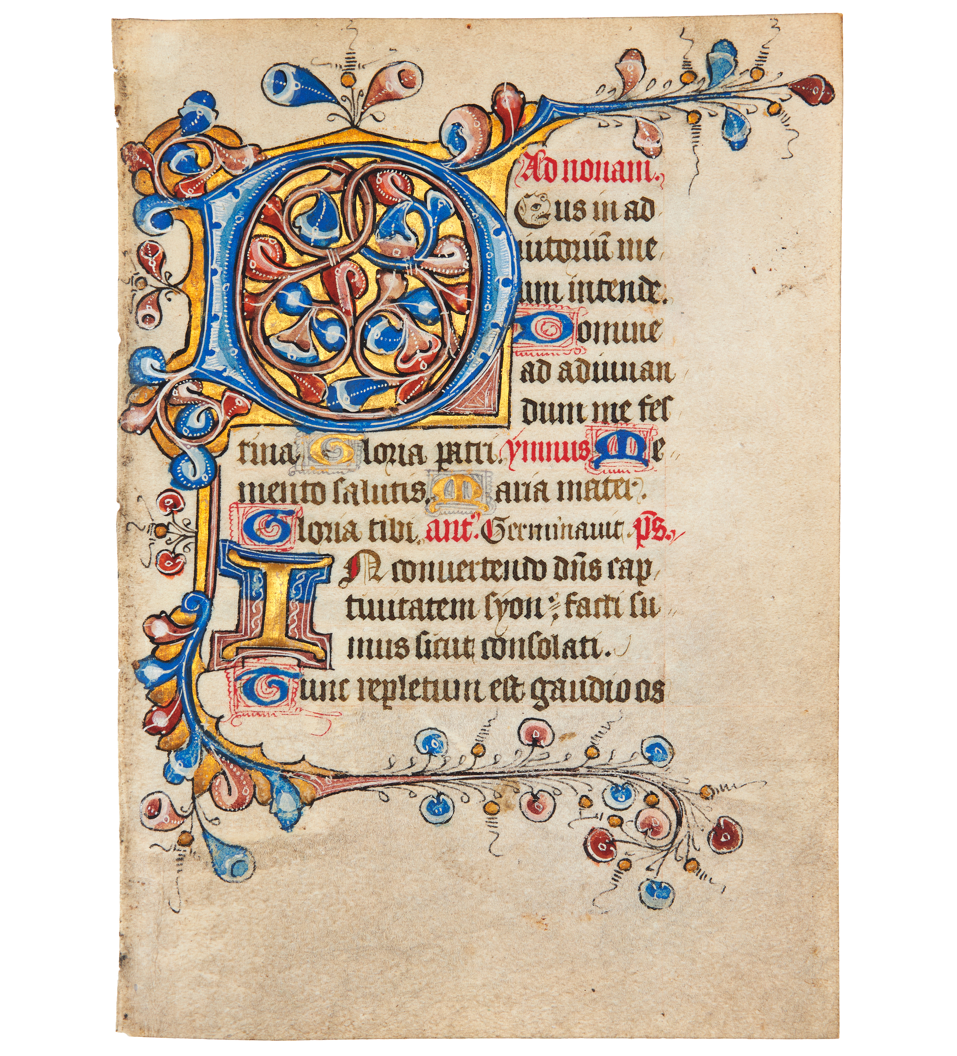 Inline Image - Lot 17: Leaf from a finely illuminated Book of Hours, in Latin, manuscript on parchment [England (perhaps London or Oxford), fifteenth century (probably 1410s or 1420s)] | Est. £2,000-3,000 (+fees)