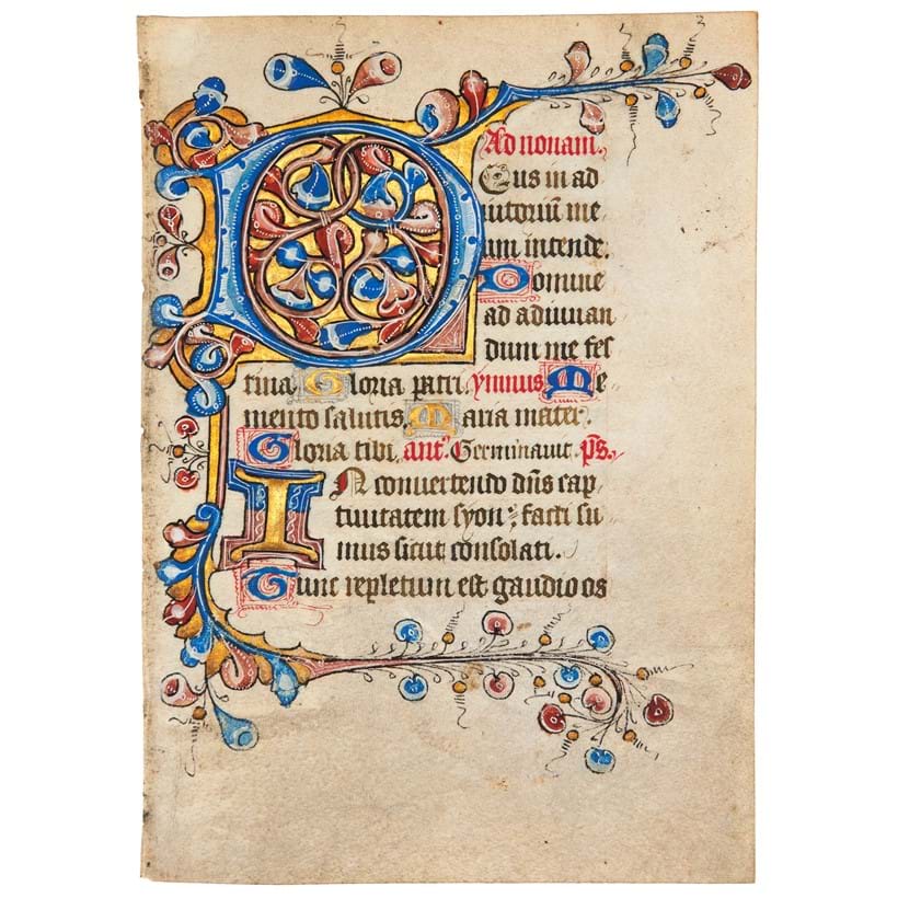 Inline Image - Lot 17: Leaf from a finely illuminated Book of Hours, in Latin, manuscript on parchment [England (perhaps London or Oxford), fifteenth century (probably 1410s or 1420s)] | Est. £2,000-3,000 (+fees)