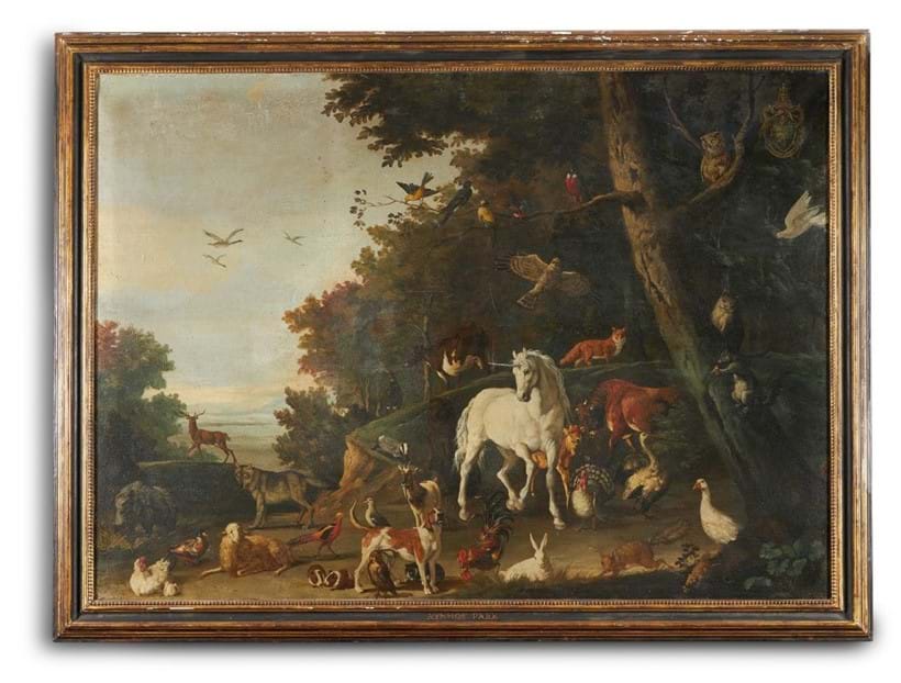 Inline Image - Lot 349: ENGLISH SCHOOL (EARLY 20TH CENTURY) AND LATER THE JAMES PERKINS STUDIO, PARADISE LANDSCAPE, A UNICORN AMONG OTHER ANIMALS IN A WOODED LANDSCAPE, WITH LATER AYNHOE COAT OF ARMS | Sold for £52,500