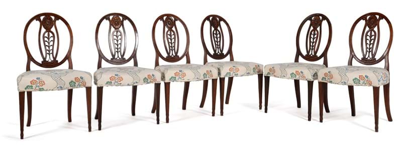 Inline Image - Lot 632: A set of six George III mahogany and upholstered dining chairs, circa 1810 | Est. £800-1,200 (+fees)