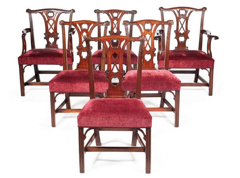 Inline Image - Lot 573: A set of eight mahogany dining chairs, in George III style, late 19th/early 20th century | Est. £1,000-1,500 (+fees)