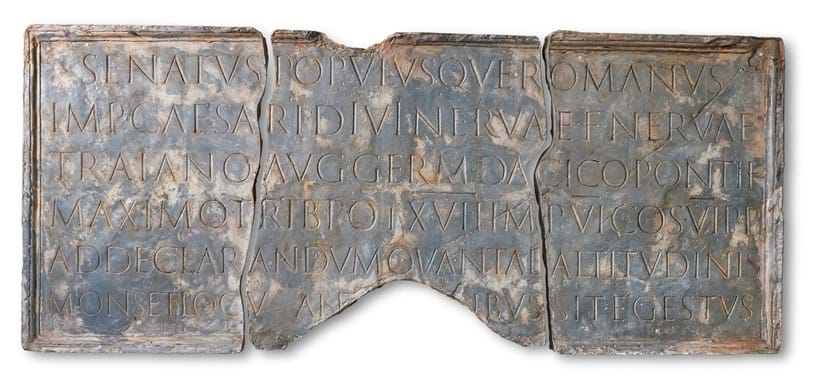 Inline Image - Lot 333: A PLASTER CAST OF A TABLET FROM THE BASE FROM TRAJAN'S COLUMN, ROME, AFTER THE ANTIQUE, with lettering 'SENATVS POPVLVS QVE ROMANVS/..., in three sections, each numbered 13A... 14..., 126cm high, 129cm wide | Est. £1,500-2,500 (+fees)