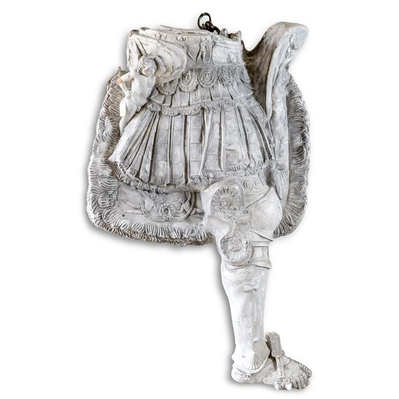 Inline Image - Lot 117: AN IMPRESSIVE FULL-SIZE PLASTER SECTION OF DONATELLO'S EQUESTRIAN STATUE OF GATTAMELATA, LATE 19TH / EARLY 20TH CENTURY, Showing the rider's right leg, clad in armour, and partial ornate saddle, 144cm high, 85cm wide | Est. £2,000-4,000 (+fees)