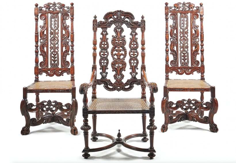 Inline Image - Lot 23: (Detail) A pair of Charles II side chairs, circa 1675, the high backs with decorative carved central vertical splat, together with a similar armchair, circa 1700 | Est. £600-800 (+fees)