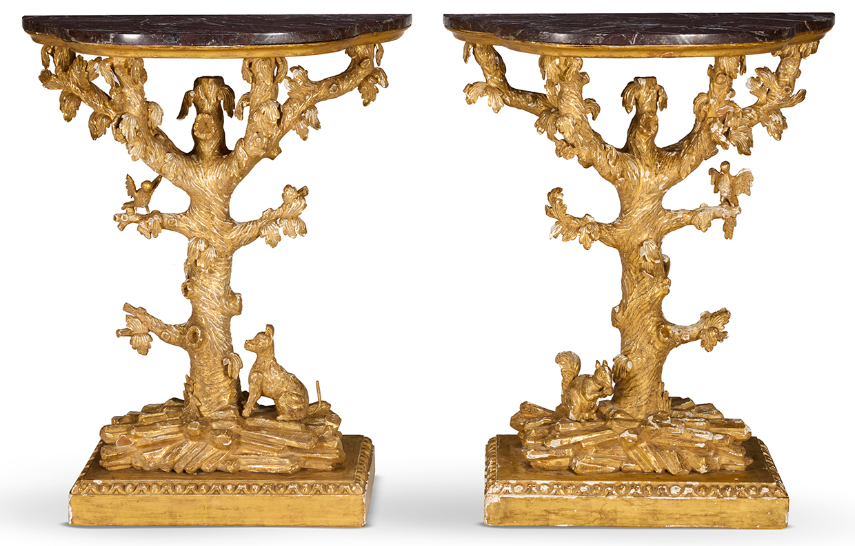 A Pair Of Giltwood And Composition Console Tables, In The Manner Of Thomas Johnson, 20Th Century
