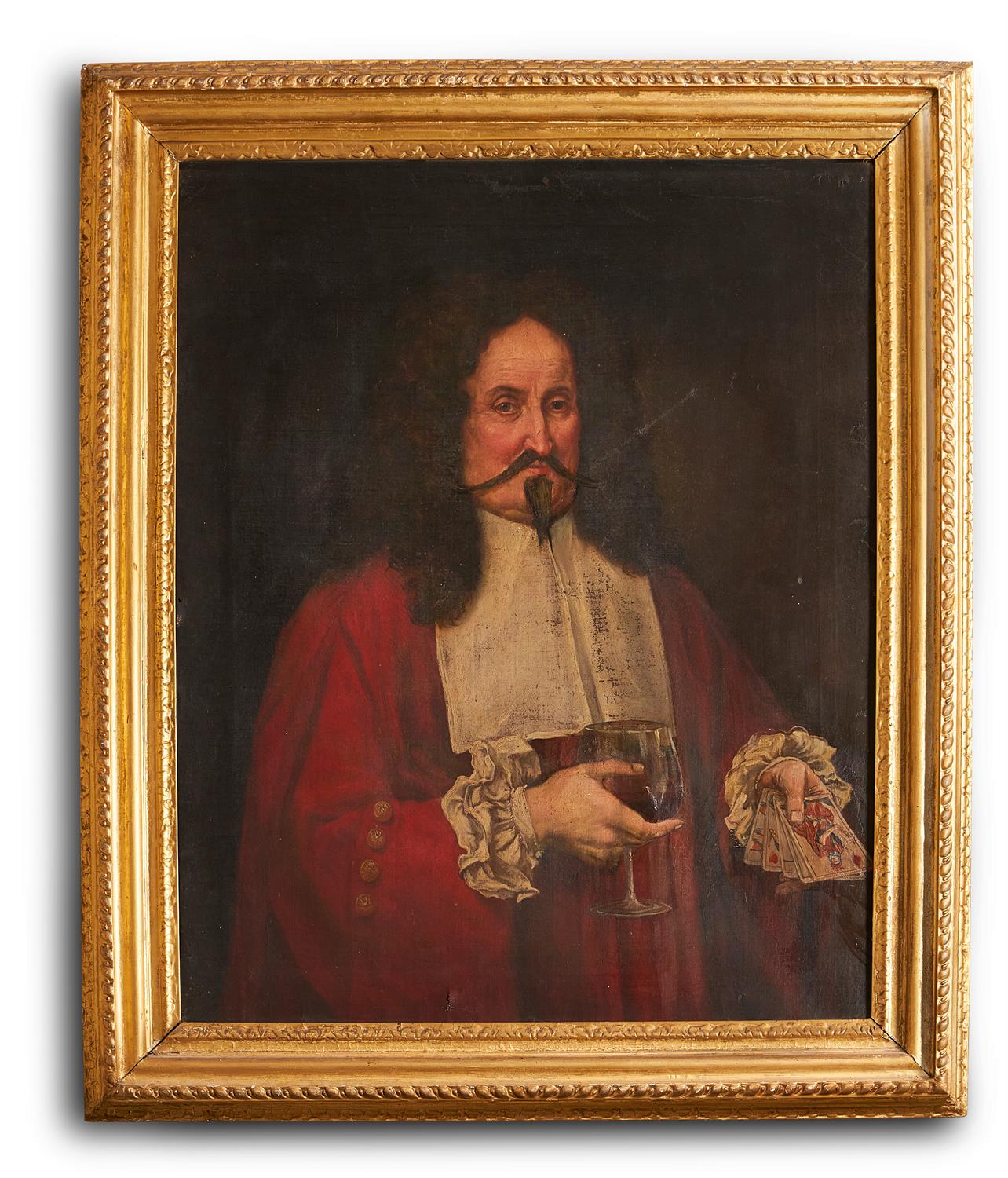 Inline Image - Lot 87: ITALIAN SCHOOL (LATE 18TH CENTURY) AND LATER JAMES PERKINS, THE GAMBLER, HALF-LENGTH, HOLDING A HAND OF CARDS AND A GLASS OF WINE | Sold for £6,250