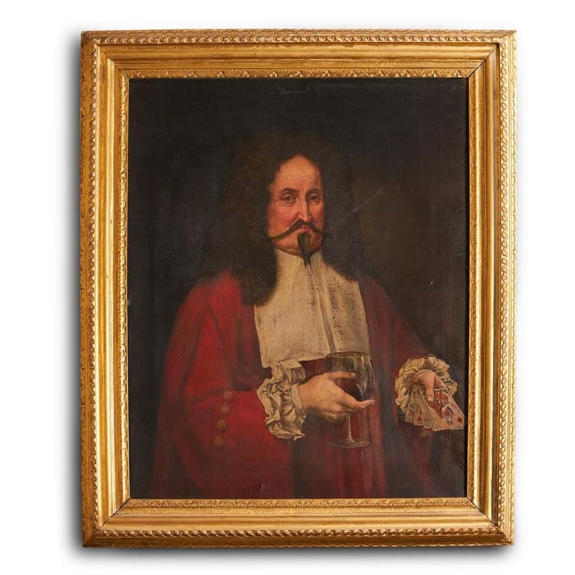 Inline Image - Lot 87: ITALIAN SCHOOL (LATE 18TH CENTURY) AND LATER JAMES PERKINS, THE GAMBLER, HALF-LENGTH, HOLDING A HAND OF CARDS AND A GLASS OF WINE | Sold for £6,250