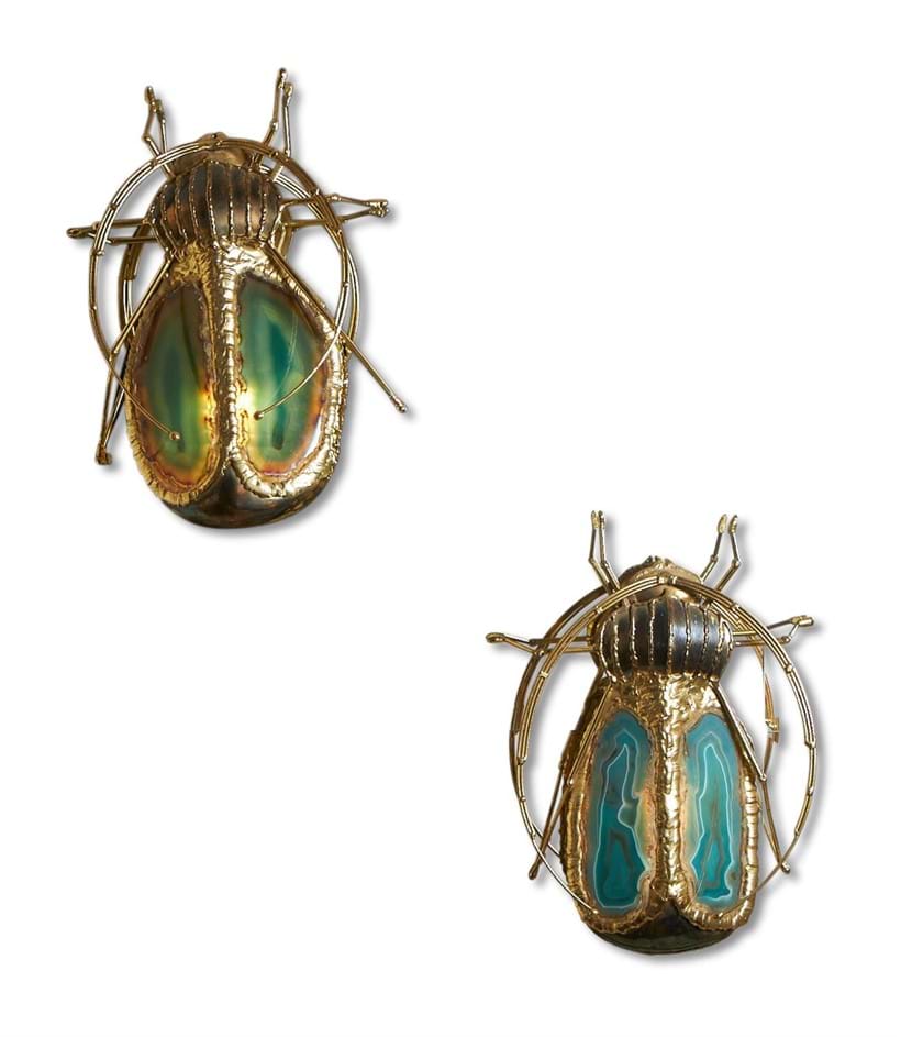 Inline Image - Lot 51: A PAIR OF GILT METAL AND COLOURED AGATE INSECT WALL LIGHTS, HENRI FERNANDEZ FOR ATELIER JACQUES DUVAL-BRASSEUR, 1970S | Sold for £13,750