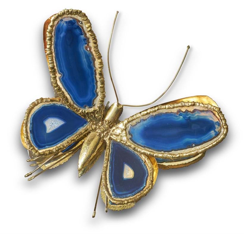 Inline Image - Lot 60: A GILT METAL AND COLOURED AGATE INSECT WALL LIGHT, HENRI FERNANDEZ FOR ATELIER JACQUES DUVAL-BRASSEUR, 1970S | Sold for £7,500