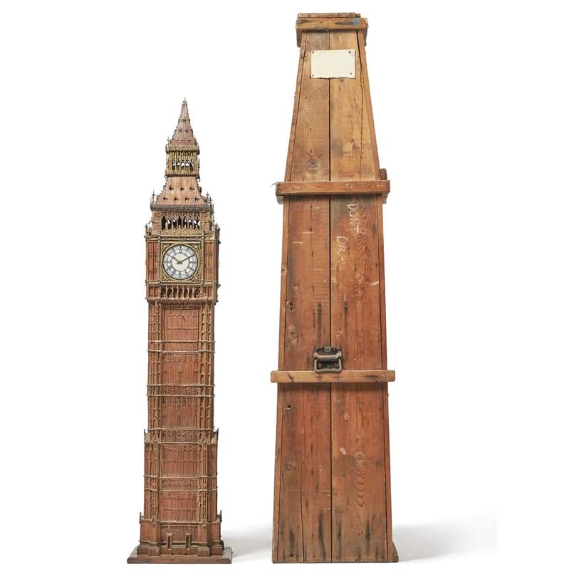 Inline Image - Lot 174: AN OAK AND PARCEL GILT SCALE MODEL OF THE CLOCK TOWER AT THE PALACE OF WESTMINSTER, LATE 19TH CENTURY AND LATER | Sold for £20,000