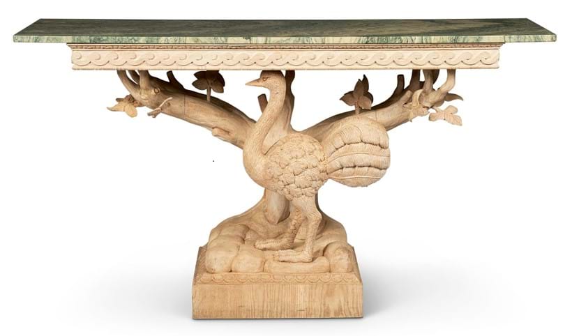 Inline Image - Lot 370: A CONTINENTAL CARVED LIMED OAK AND MARBLE TOPPED PIER TABLE IN MID 18TH CENTURY STYLE | Est. £1,500-2,500 (+fees) | Sold for £9,375