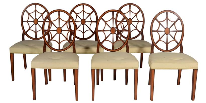 Inline Image - Lot 185: A set of six Sheraton Revival mahogany and satinwood dining chairs, late 19th century | Est. £400-600 (+fees)