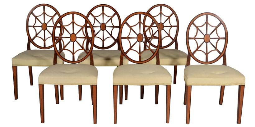 Inline Image - Lot 185: A set of six Sheraton Revival mahogany and satinwood dining chairs, late 19th century | Est. £400-600 (+fees)