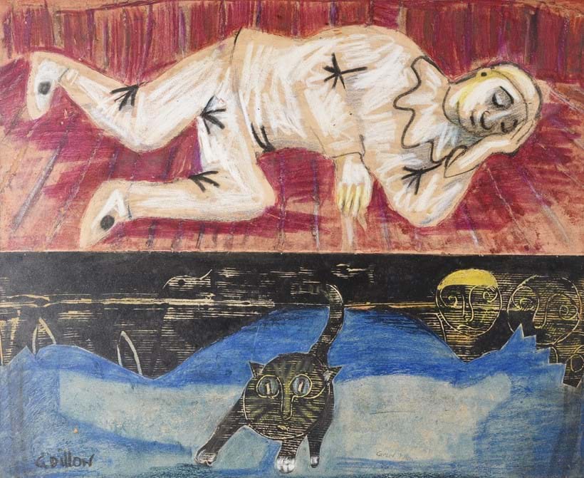 Inline Image - Lot 1: λ Gerard Dillon (Irish 1916-1971), 'Untitled (Pierrot and cat)', Mixed media on board  | Est. £7,000-10,000 (+fees)
