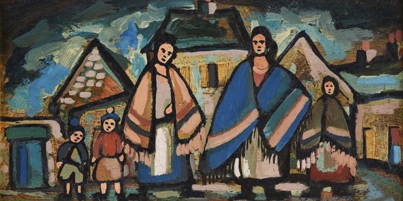 Inline Image - Markey Robinson (Irish 1917-1999), 'Shawlies in the village', Oil on board | Est. £1,500-2,000 (+fees)