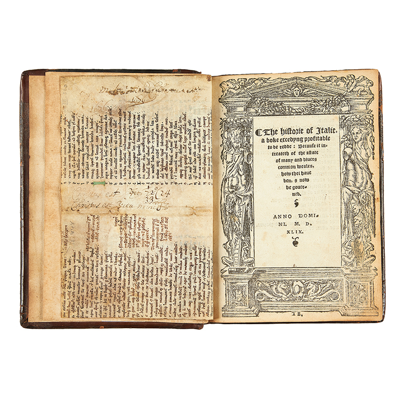 Vergil, Georgics III:259-458 and IV:393-564, in Latin didactic hexameter verse, leaves from a decorated manuscript on parchment in situ in an Oxford binding by Dominique Pinart [England, c. 1200]