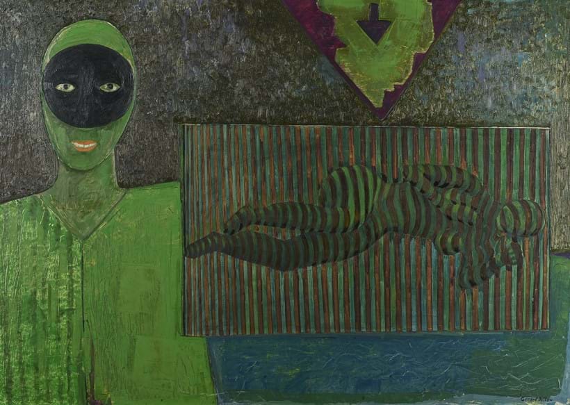 Inline Image - Lot 3: λ Gerard Dillon (Irish 1916-1971), 'Masked figure and nude', Oil on board | Est. £10,000-15,000 (+fees)