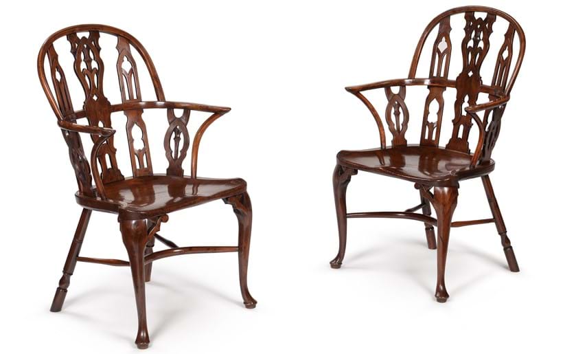 Inline Image - Lot 212: A pair of yew and mahogany Gothic Windsor armchairs, mid-18th century, attributed to Thames Valley | Est. £15,000-20,000 (+fees)