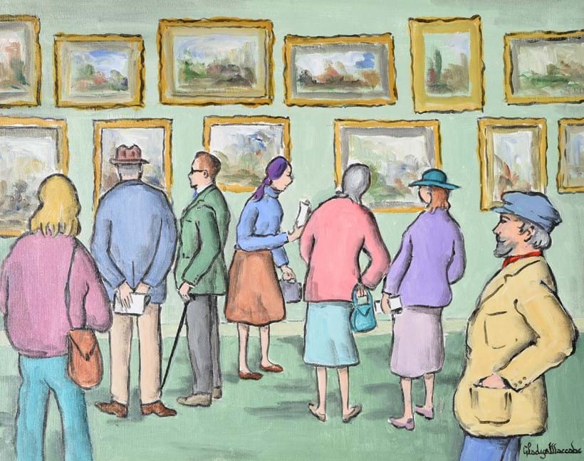 Inline Image - Lot 8: λ Gladys Maccabe (Irish 1918-2018), 'Gallery visitors', Oil on canvas | Est. £1,000-1,500 (+fees)