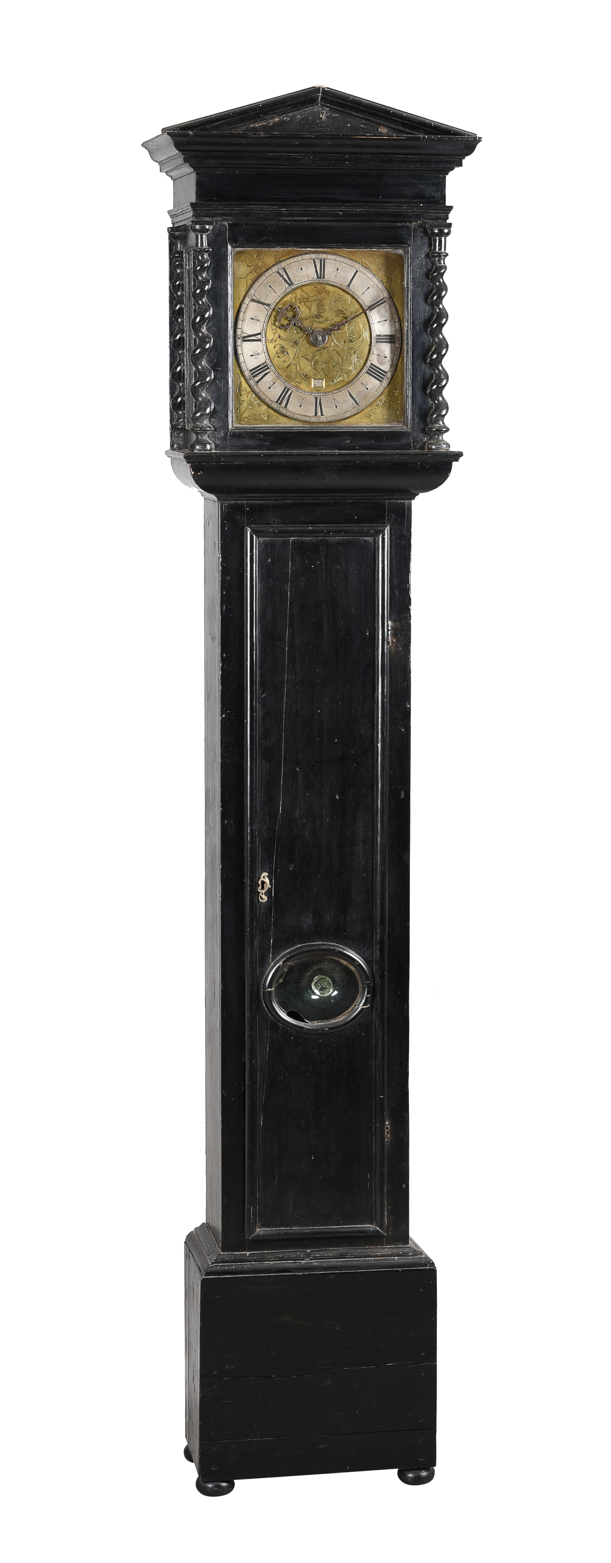 Inline Image - Lot 180: A fine Charles II ebonised thirty-hour longcase clock with unusual figural engraved 10 inch dial, Unsigned but possibly by John Wise, London, circa 1678 | Est. £7,000-9,000 (+fees)