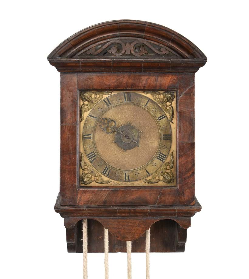 Inline Image - Lot 176: A fine and rare Charles II walnut thirty-hour striking small hooded wall clock with alarm John Knibb, Oxford, circa 1685 | Est. £20,000-30,000 (+fees)