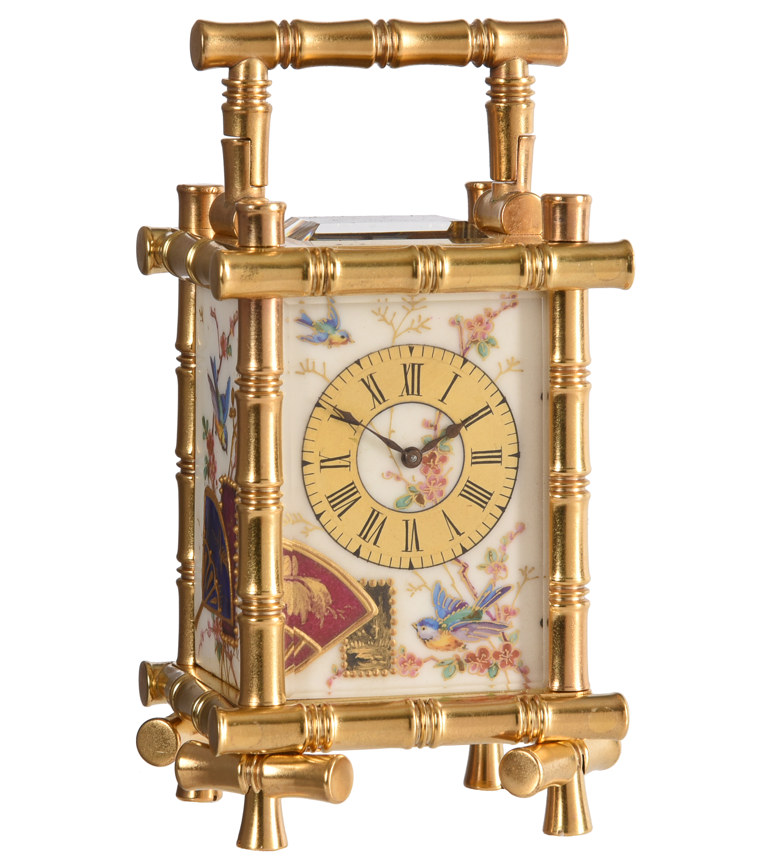Inline Image - Lot 116: A fine French gilt bamboo cased miniature carriage timepiece with Aesthetic style porcelain panels
Unsigned, Paris, late 19th century | Est. £1,000-1,500 (+fees)