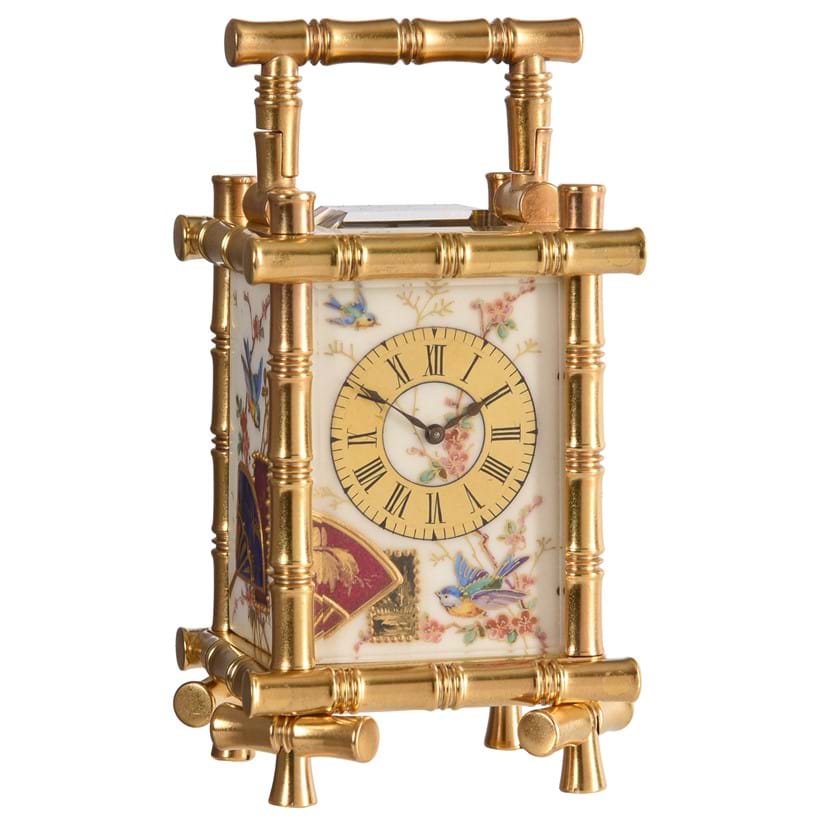 Inline Image - Lot 116: A fine French gilt bamboo cased miniature carriage timepiece with Aesthetic style porcelain panels
Unsigned, Paris, late 19th century | Est. £1,000-1,500 (+fees)