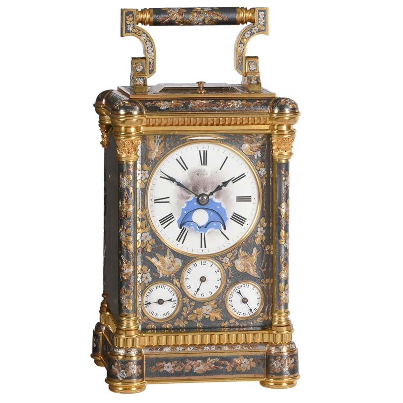 Inline Image - Lot 117: A fine multi-colour grande-sonnerie striking and repeating moonphase calendar alarm carriage clock, Unsigned, circa 1880 | Est. £8,000-12,000 (+fees)