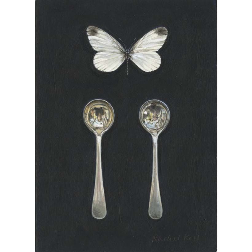 Inline Image - Lot 131: Rachel Ross, 'White Butterfly with Two Salt Spoons, 2021', Acrylic on Board | Sold for £800