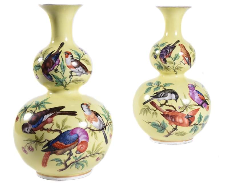 Inline Image - Lot 21: A pair of Dresden yellow ground double gourd vases painted with various birds | Est. £400-600 (+fees)