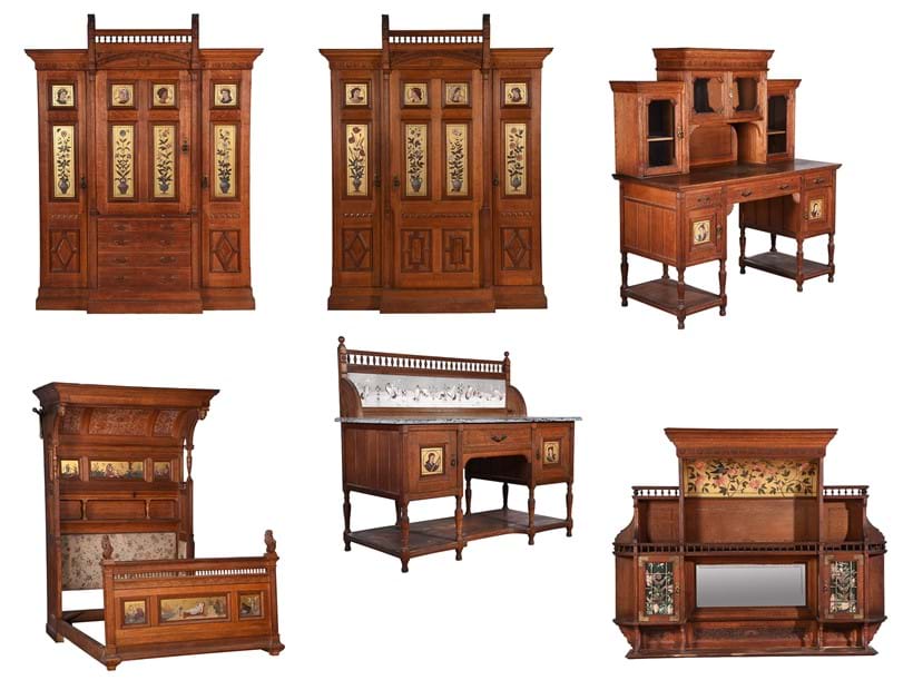 Inline Image - Lot 58: A suite of oak Aesthetic movement bedroom furniture, third quarter 19th century, Collier & Pluncknett, Warwick & Leamington | Est. £2,000-3,000 (+fees)