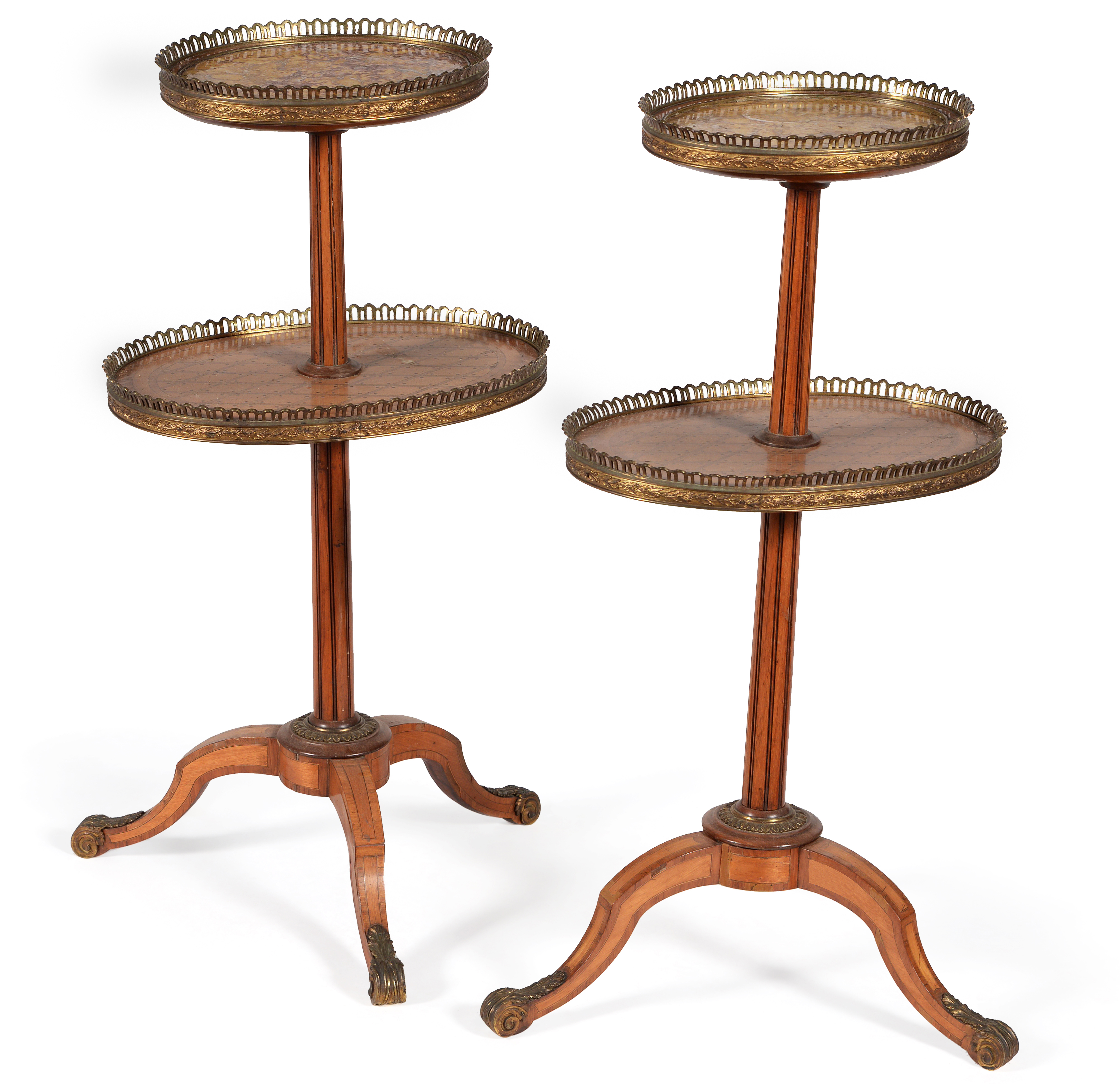 Inline Image - Lot 180: Y A matched pair of Victorian tulipwood, parquetry and gilt metal mounted two tier oval etageres, in Louis XVI style, late 19th century, in the manner of Donald Ross | Est. £1,200-1,800 (+fees)