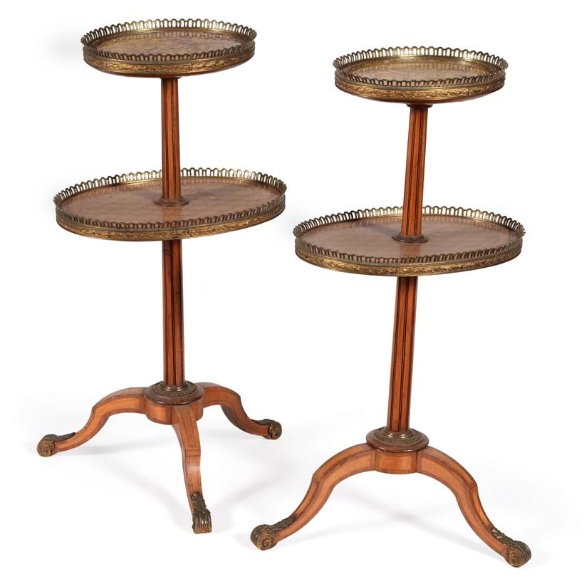 Inline Image - Lot 180: Y A matched pair of Victorian tulipwood, parquetry and gilt metal mounted two tier oval etageres, in Louis XVI style, late 19th century, in the manner of Donald Ross | Est. £1,200-1,800 (+fees)