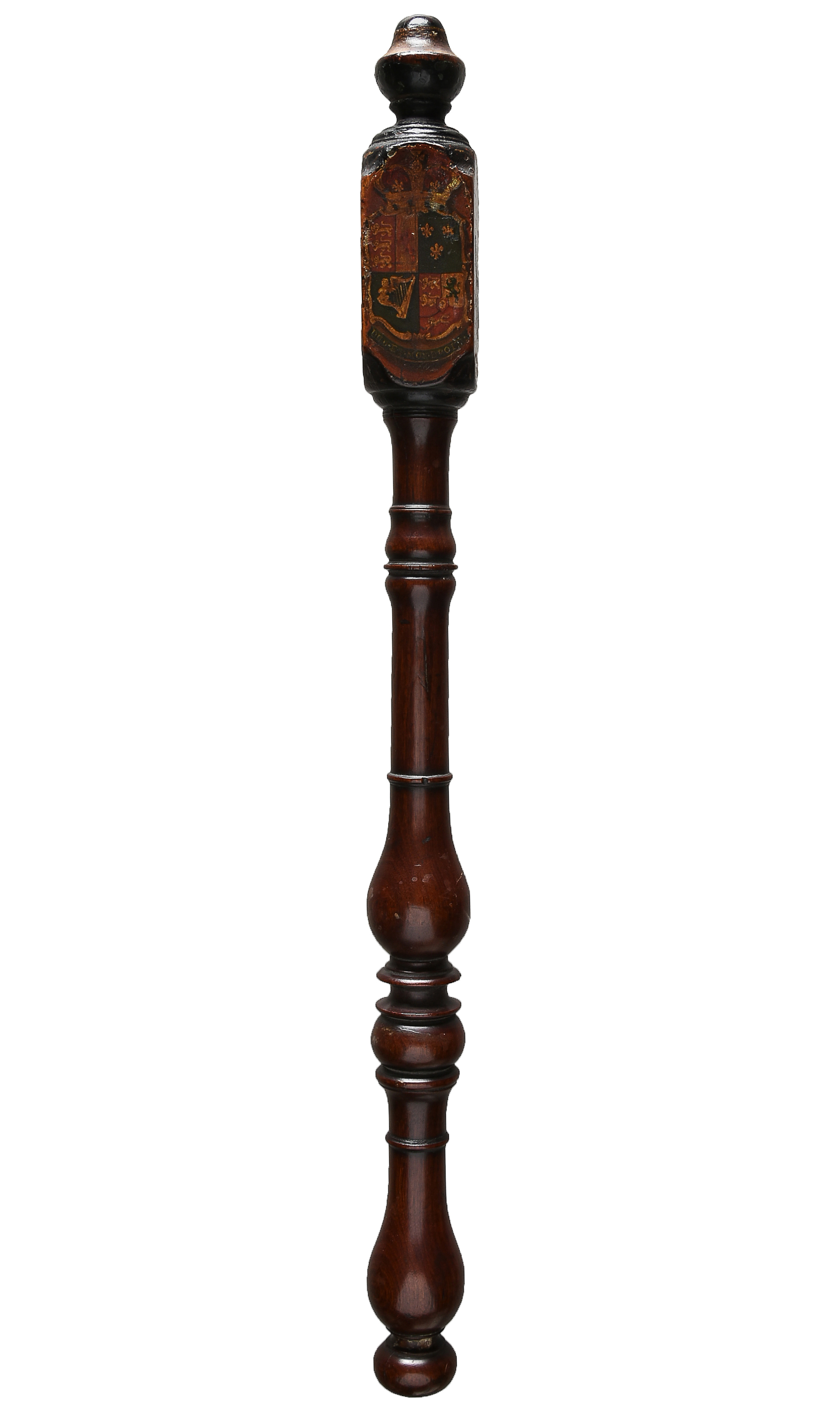Inline Image - Lot 427: A George III carved mahogany and painted mace for the Governor of the Hospital of Poor's Portion | Est. £800-1,200 (+fees)