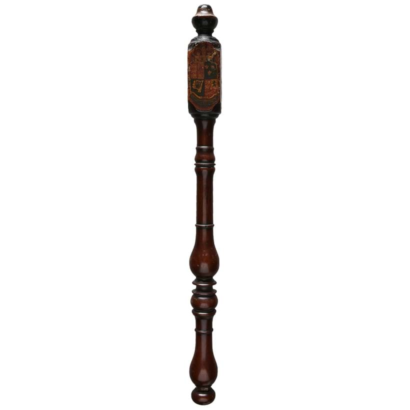 Inline Image - Lot 427: A George III carved mahogany and painted mace for the Governor of the Hospital of Poor's Portion | Est. £800-1,200 (+fees)