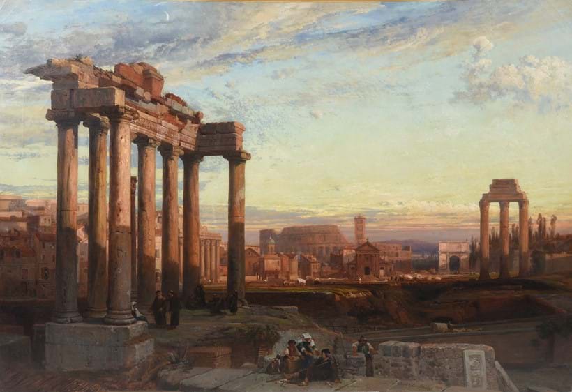 Inline Image - Lot 55: Frederick Lee Bridell (British 1831-1863), 'The Temple of Saturn, the Forum and the Colosseum, Rome ', Oil on canvas  | Est. £20,000-30,000 (+fees)