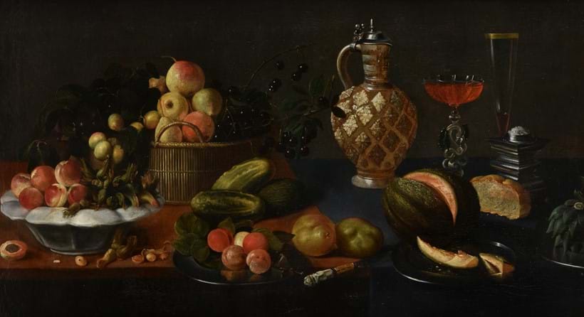 Inline Image - Lot 73: Circle of Juan van der Hamen y León (Spanish 1596 - 1632), 'A basket, dish and plates of fruit on a table top with a jug, glasses of wine', Oil on canvas  | Est. £15,000-25,000 (+fees)