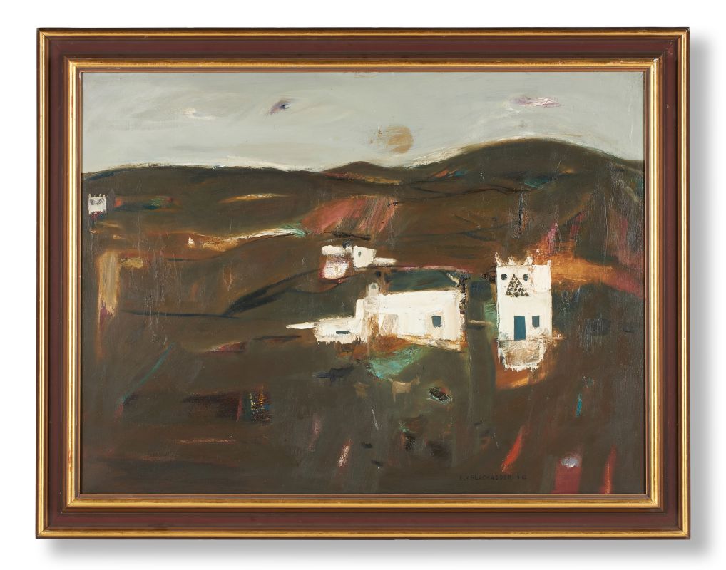 Lot 150: ELIZABETH VIOLET BLACKADDER (SCOTTISH B.1931), WHITEWASHED BUILDINGS IN A LANDSCAPE