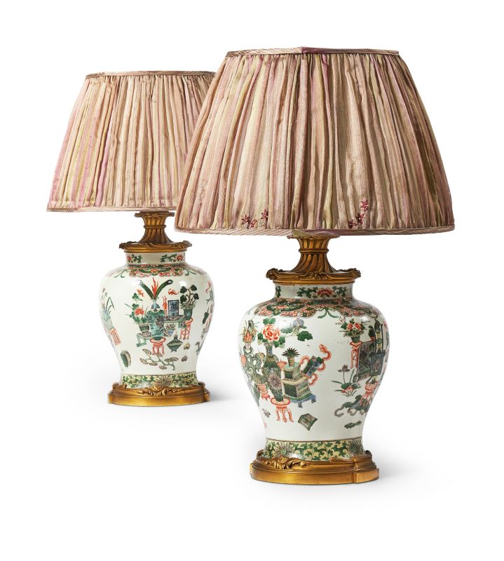 Lot 129: A PAIR OF CHINESE 'FAMILLE VERTE' GILT METAL MOUNTED VASES, KANGXI OR LATER 