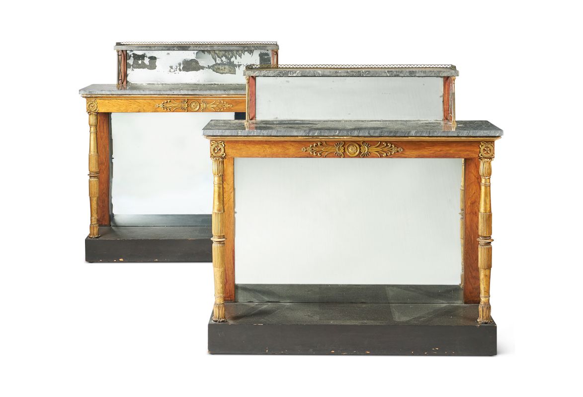 Lot 69: A PAIR OF ROSEWOOD AND GILT-BRASS MOUNTED PIER TABLES, EARLY 19TH CENTURY AND LATER