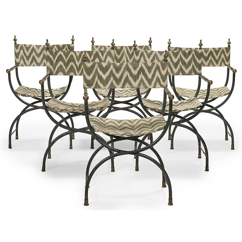 A set of six wrought iron curule form 'x' frame armchairs, third quarter 20th century