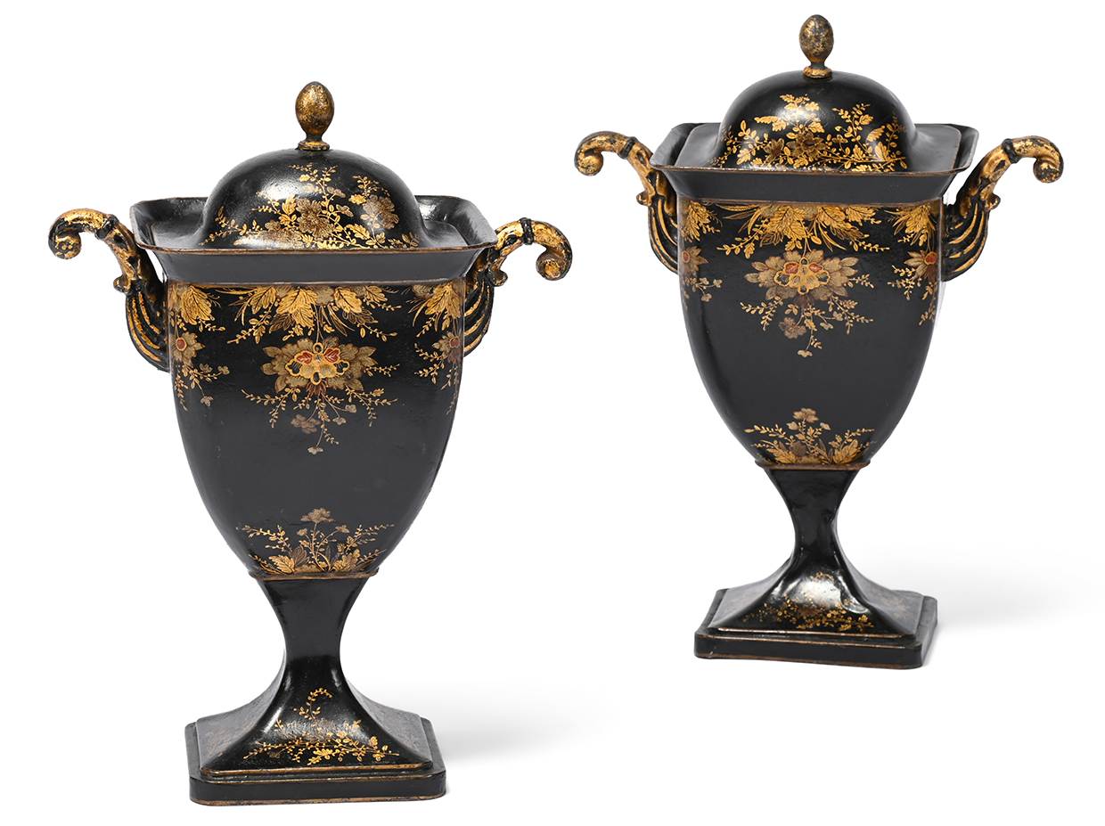 Lot 110 – Pair Of Painted Chestnut Urns