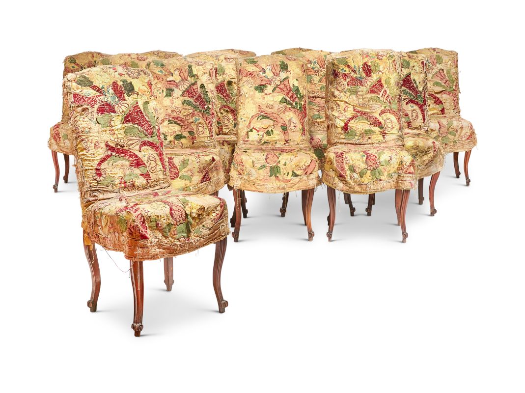 Lot 209: A SET OF FOURTEEN LOUIS XV STYLE WALNUT AND UPHOLSTERED SIDE CHAIRS, 19TH CENTURY