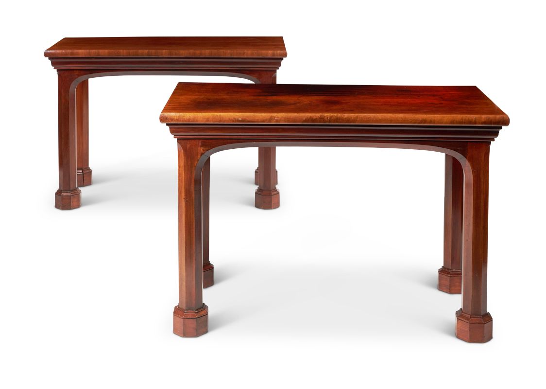 Lot 203: A PAIR OF EARLY VICTORIAN GOTHIC MAHOGANY SIDE TABLES, CIRCA 1840