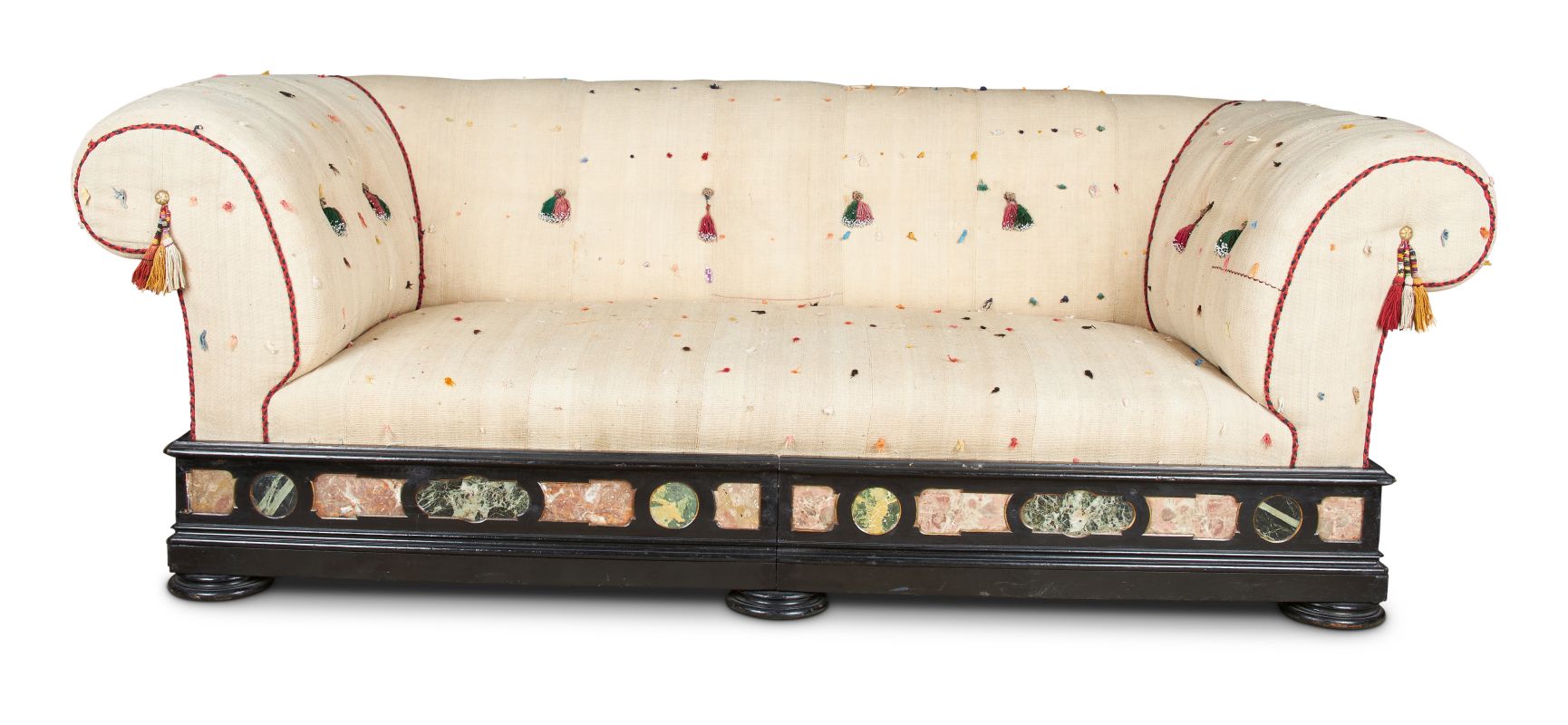 Lot 274: A LARGE ITALIAN EBONISED AND MARBLE INLAID SOFA, 19TH CENTURY